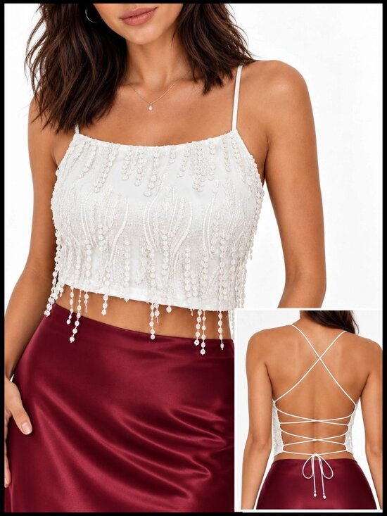 Lulus Tops - Lulus Dancing in a Dream Crop Top White Lace Up Fringe M